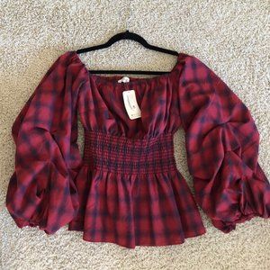 Red and Navy Plaid Blouse - New with Tags